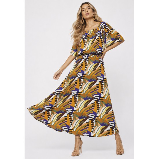 Vestido Midi Viscose Ciganinha com Lapela Estampa Cores Vibrante