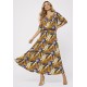 Vestido Midi Viscose Ciganinha com Lapela Estampa Cores Vibrante