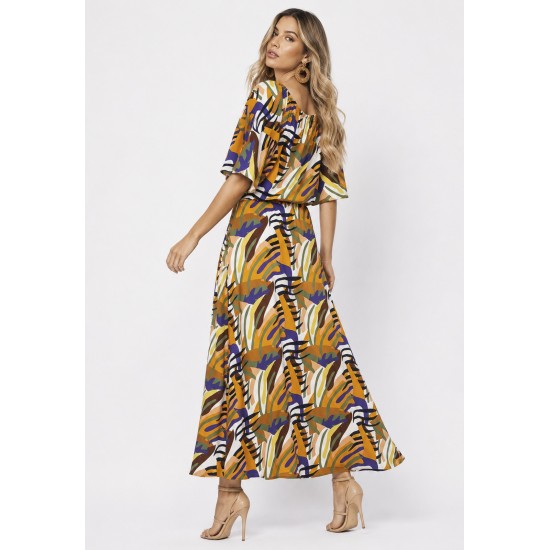 Vestido Midi Viscose Ciganinha com Lapela Estampa Cores Vibrante