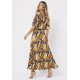 Vestido Midi Viscose Ciganinha com Lapela Estampa Cores Vibrante