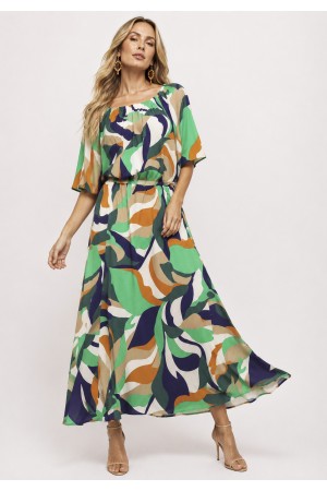 Vestido Midi Viscose Ciganinha com Lapela Estampa Brisa do Mar
