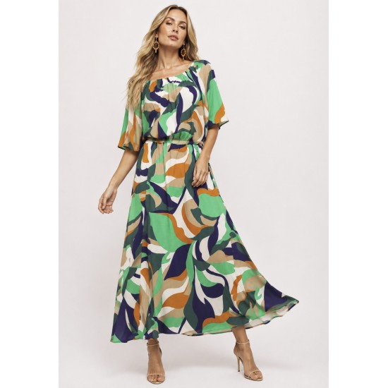 Vestido Midi Viscose Ciganinha com Lapela Estampa Brisa do Mar