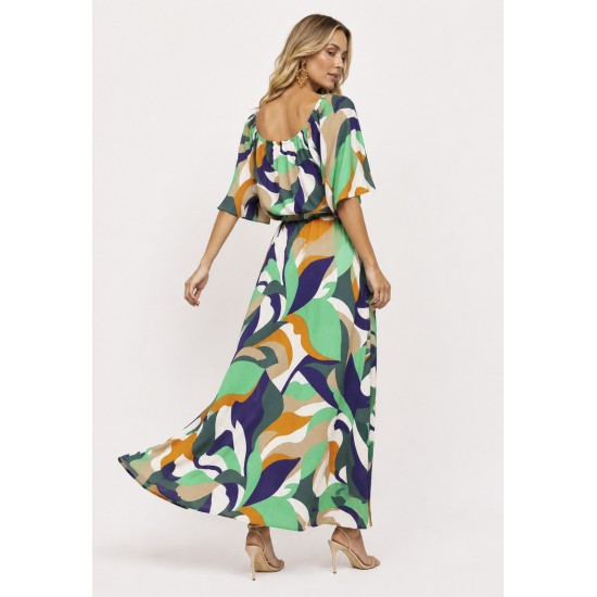 Vestido Midi Viscose Ciganinha com Lapela Estampa Brisa do Mar