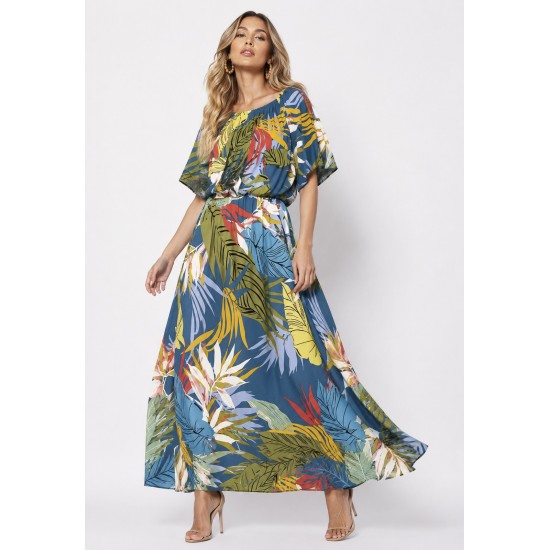 Vestido Midi Viscose Ciganinha com Lapela Estampa Brisa Botânica