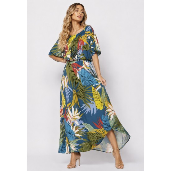 Vestido Midi Viscose Ciganinha com Lapela Estampa Brisa Botânica