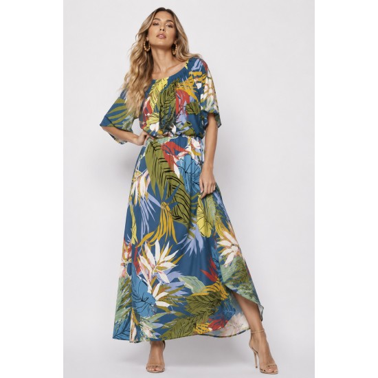 Vestido Midi Viscose Ciganinha com Lapela Estampa Brisa Botânica