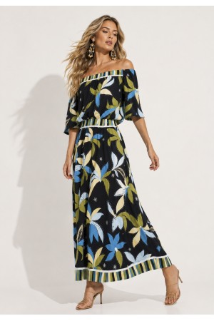 Vestido Midi Viscose Ciganinha sem Lapela Estampa Jardim Noturno