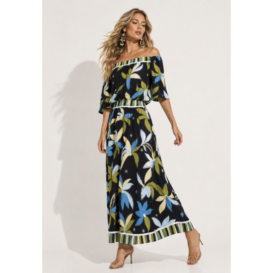 Vestido Midi Viscose Ciganinha sem Lapela Estampa Jardim Noturno