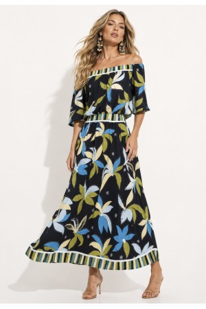 Vestido Midi Viscose Ciganinha sem Lapela Estampa Jardim Noturno