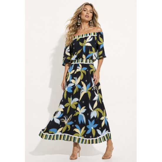 Vestido Midi Viscose Ciganinha sem Lapela Estampa Jardim Noturno