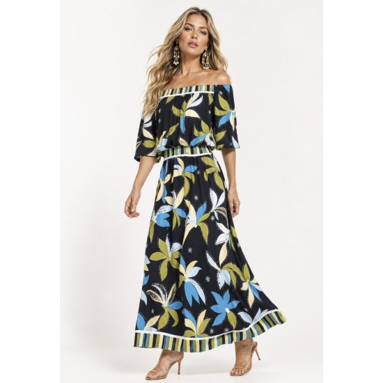 Vestido Midi Viscose Ciganinha sem Lapela Estampa Jardim Noturno