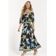 Vestido Midi Viscose Ciganinha sem Lapela Estampa Jardim Noturno