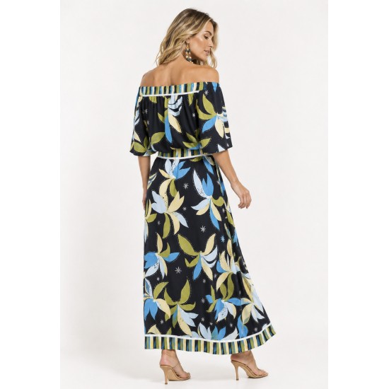 Vestido Midi Viscose Ciganinha sem Lapela Estampa Jardim Noturno