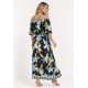 Vestido Midi Viscose Ciganinha sem Lapela Estampa Jardim Noturno