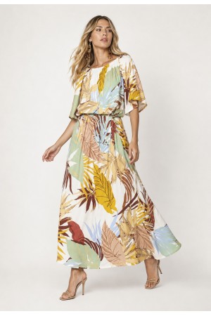 Vestido Midi Viscose Ciganinha com Lapela Estampa Aurora Suave
