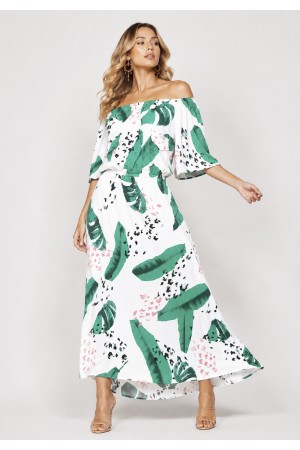 Vestido Midi Viscose Ciganinha com Lapela Estampa Folhagem Poética