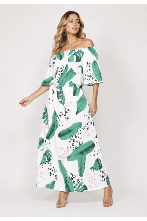 Vestido Midi Viscose Ciganinha com Lapela Estampa Folhagem Poética