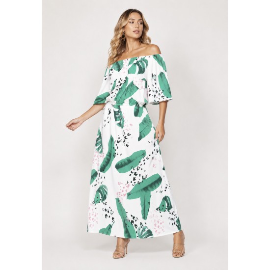 Vestido Midi Viscose Ciganinha com Lapela Estampa Folhagem Poética