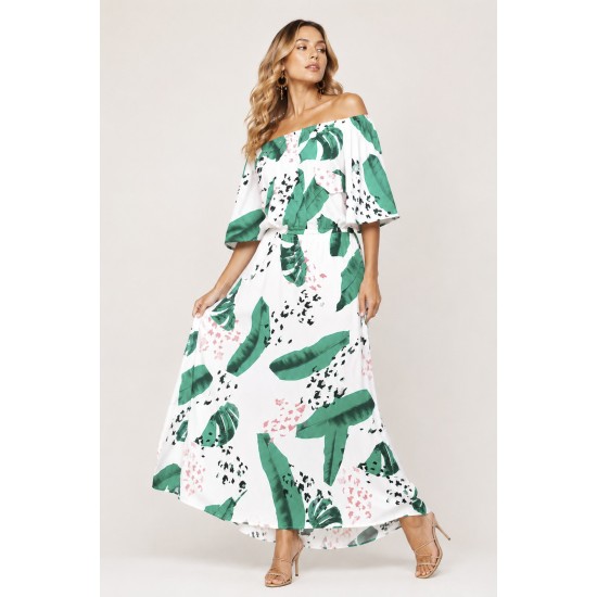 Vestido Midi Viscose Ciganinha com Lapela Estampa Folhagem Poética