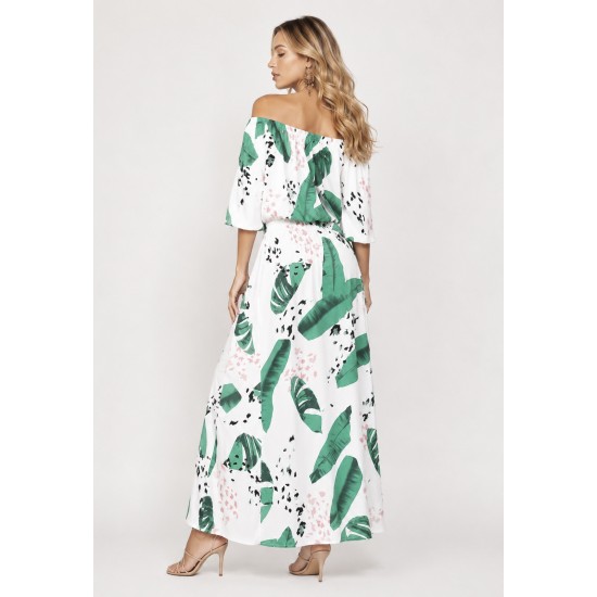 Vestido Midi Viscose Ciganinha com Lapela Estampa Folhagem Poética