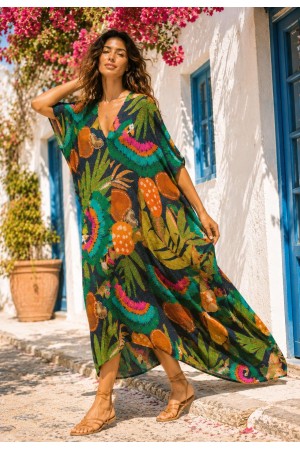 Vestido Kaftan Mutum Plus Detalhes nas Costas Estampa Caju da Mata