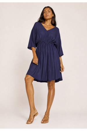 Vestido Curto Caaxixá Viscose com Cordão na Cintura Azul Marinho