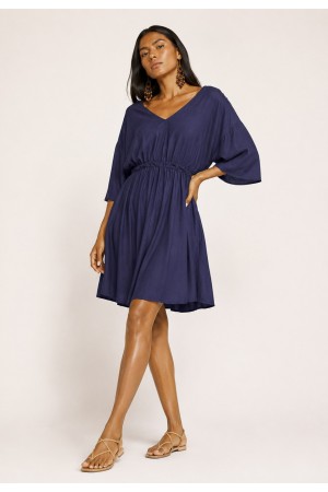 Vestido Curto Caaxixá Viscose com Cordão na Cintura Azul Marinho