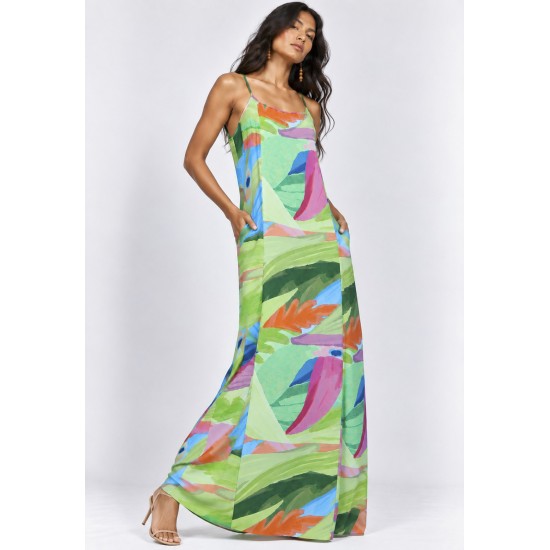 Vestido Longo Anambé Viscose com Bolsos Estampa Mata em Aquarela