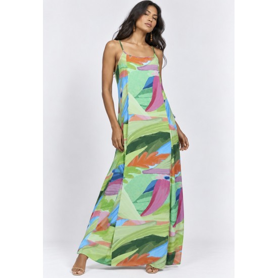 Vestido Longo Anambé Viscose com Bolsos Estampa Mata em Aquarela