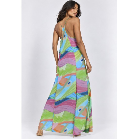 Vestido Longo Anambé Viscose com Bolsos Estampa Mata em Aquarela