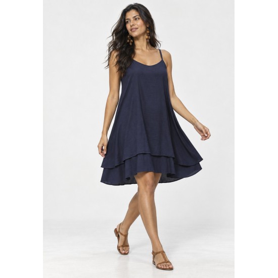 Vestido Curto Itaúna Viscose Babados Duplo Azul