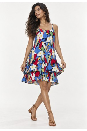 Vestido Curto Itaúna Viscose Babados Duplo Estampa Floresce
