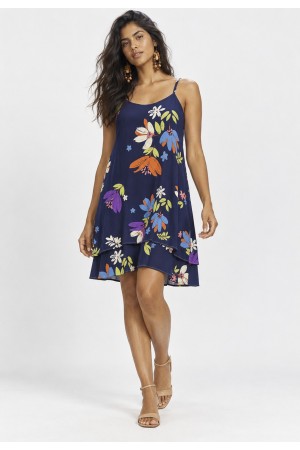 Vestido Curto Itaúna Viscose Babados Duplo Estampa Festa das Flores Azul
