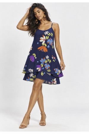 Vestido Curto Itaúna Viscose Babados Duplo Estampa Festa das Flores Azul