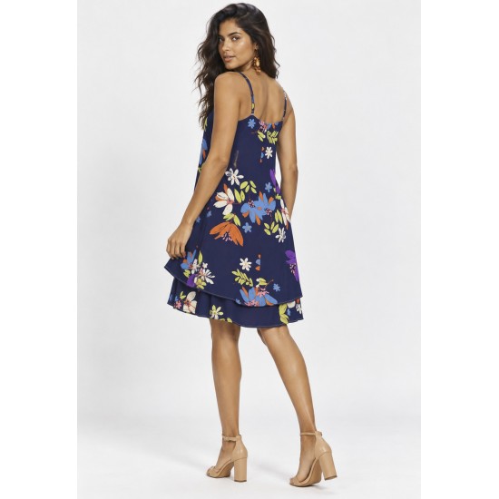 Vestido Curto Itaúna Viscose Babados Duplo Estampa Festa das Flores Azul