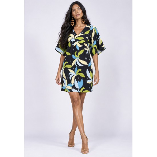 Vestido Curto Pequi Viscose Estampa Jardim Noturno