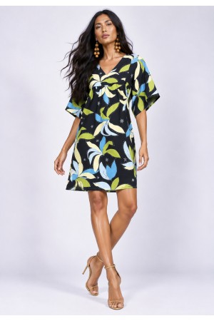 Vestido Curto Pequi Viscose Estampa Jardim Noturno