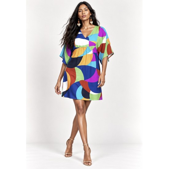 Vestido Curto Pequi Viscose Estampa Jardim Azul