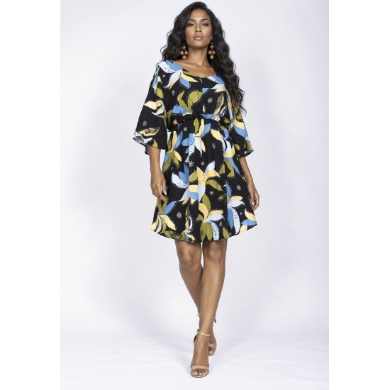 Vestido Curto Caaxixá Viscose com Cordão na Cintura Estampa Jardim Noturno