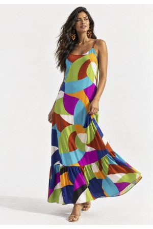 Vestido Longo Kuaana Viscose Estampa Jardim Azul