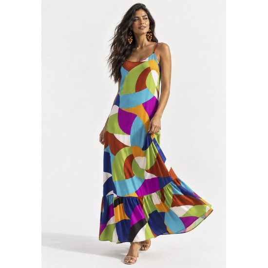 Vestido Longo Kuaana Viscose Estampa Jardim Azul