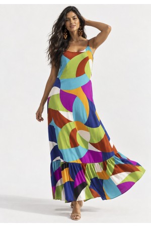 Vestido Longo Kuaana Viscose Estampa Jardim Azul