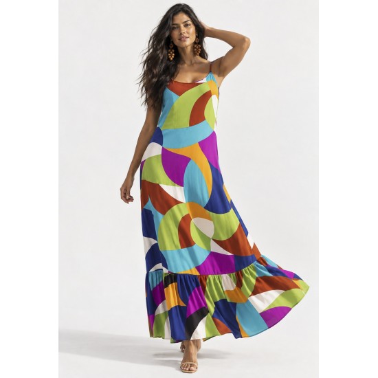 Vestido Longo Kuaana Viscose Estampa Jardim Azul