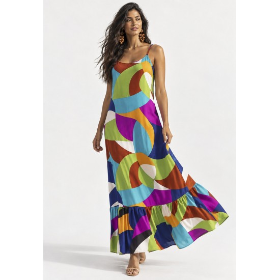 Vestido Longo Kuaana Viscose Estampa Jardim Azul