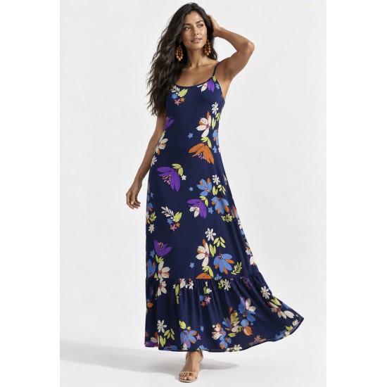Vestido Longo Kuaana Viscose Estampa Festa das Flores Azul