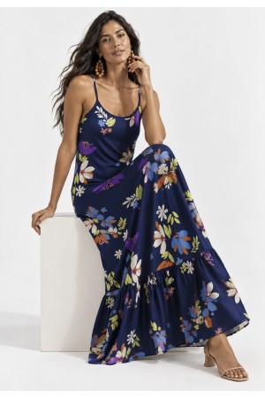 Vestido Longo Kuaana Viscose Estampa Festa das Flores Azul