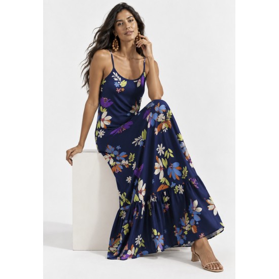 Vestido Longo Kuaana Viscose Estampa Festa das Flores Azul