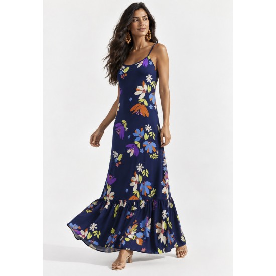 Vestido Longo Kuaana Viscose Estampa Festa das Flores Azul