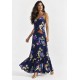 Vestido Longo Kuaana Viscose Estampa Festa das Flores Azul