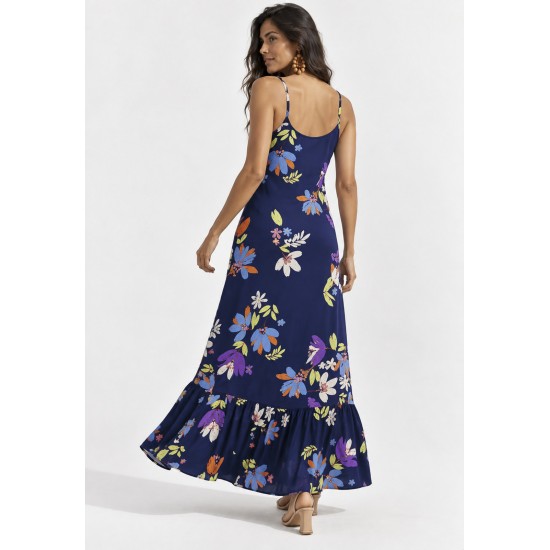 Vestido Longo Kuaana Viscose Estampa Festa das Flores Azul